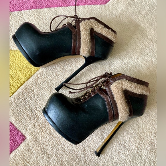 Yves Saint Laurent YSL Black Brown Shearling Trim Tribute Heel Bootie Ankle 36 - Picture 3 of 9